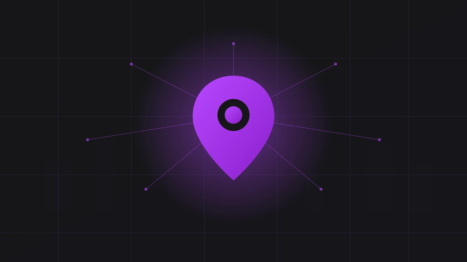 Abstracte visualisatie van een locatiepin met stralend netwerk, symbool voor lokale zichtbaarheid van een restaurant in Google